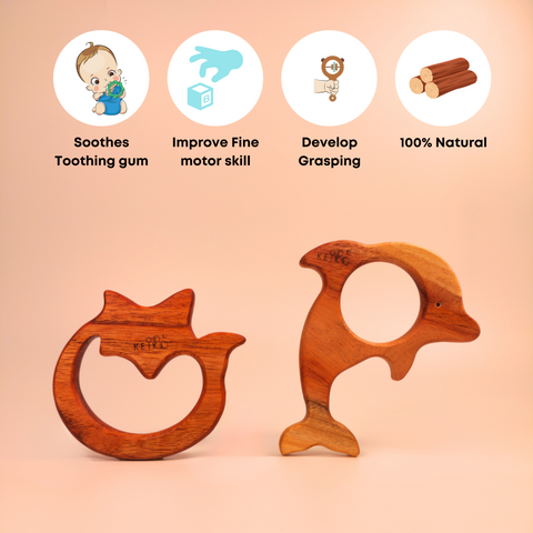 Wooden Teether- Dolphin & Fox